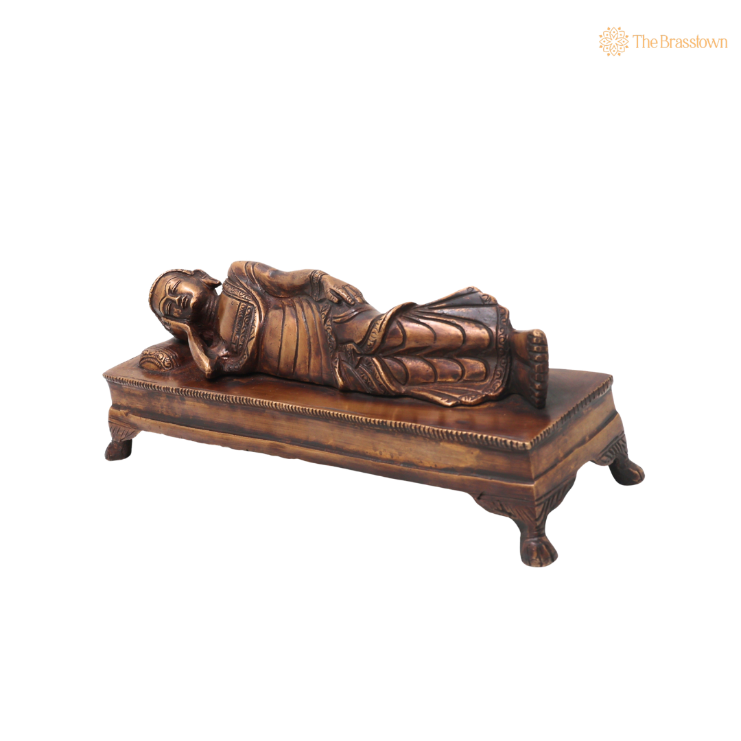 Brass Sleeping Buddha Statue – Handcrafted Reclining Nirvana Statue Traditional Buddhist Buddha Murti 10.5 Inch