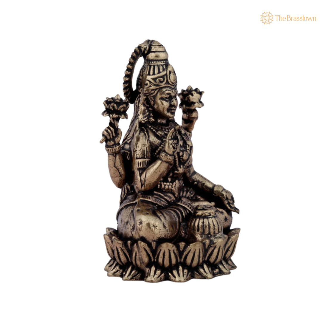 Brass Lakshmi Sitting on Lotus 2.5 Inch closeup – intricate craftsmanship
