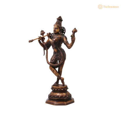 Brass Venugopala Lord Krishna Idol – Handcrafted Chola Style Kaliya Daman Govinda Murti for Pooja, Home Mandir, Décor &amp; Spiritual Gifting 18.5 Inch