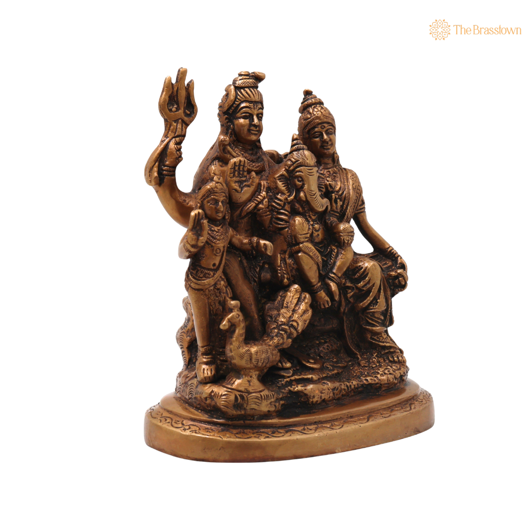 Unique chola Style Brass Shiv Parivar Idol – Fine Golden Work Divine Family Statue for Puja &amp; Home Mandir 6.5 Inch