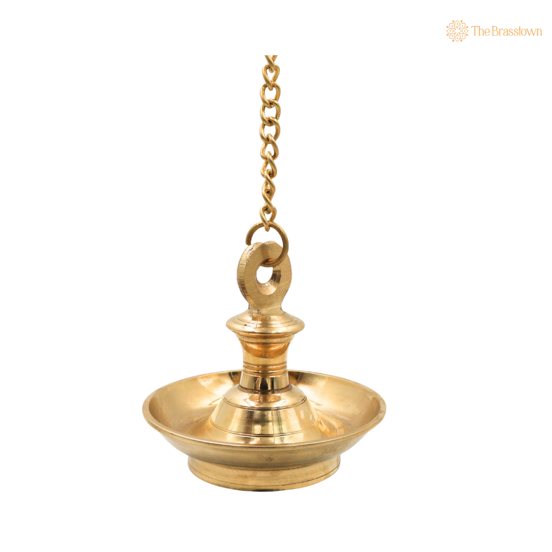 Brass Hanging Lamp Pooja Diya – Traditional Peetal Thooku Vilakku Deepam for Temple, Home Mandir &amp; Spiritual Décor 7 Inch