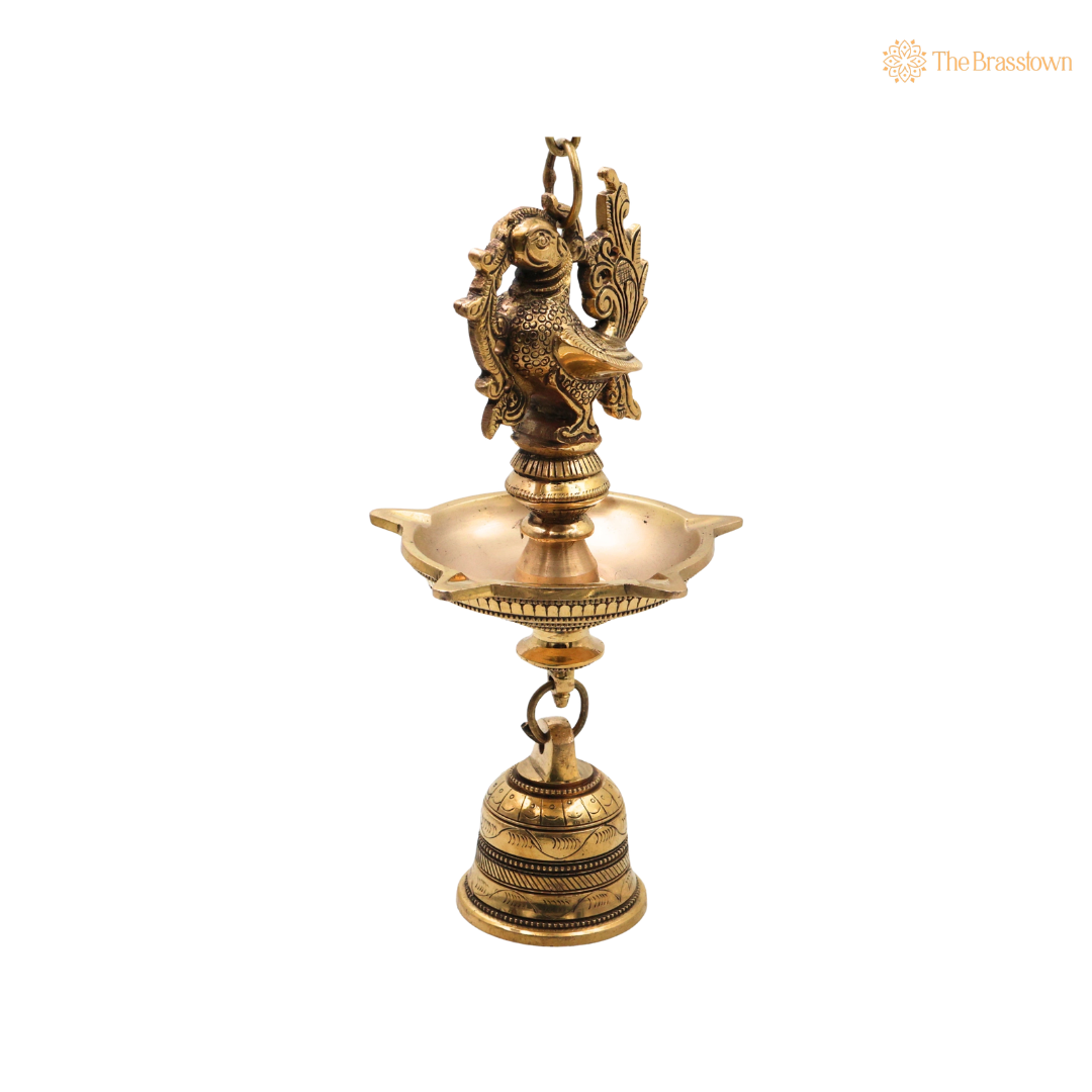 Hanging Brass Lamp Pooja Diya with Bell – Traditional Peetal Thooku Vilakku Deepam for Temple, Home Mandir &amp; Spiritual Décor 23 Inch