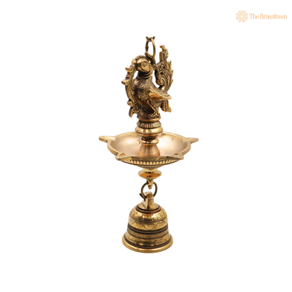 Hanging Brass Lamp Pooja Diya with Bell – Traditional Peetal Thooku Vilakku Deepam for Temple, Home Mandir &amp; Spiritual Décor 23 Inch