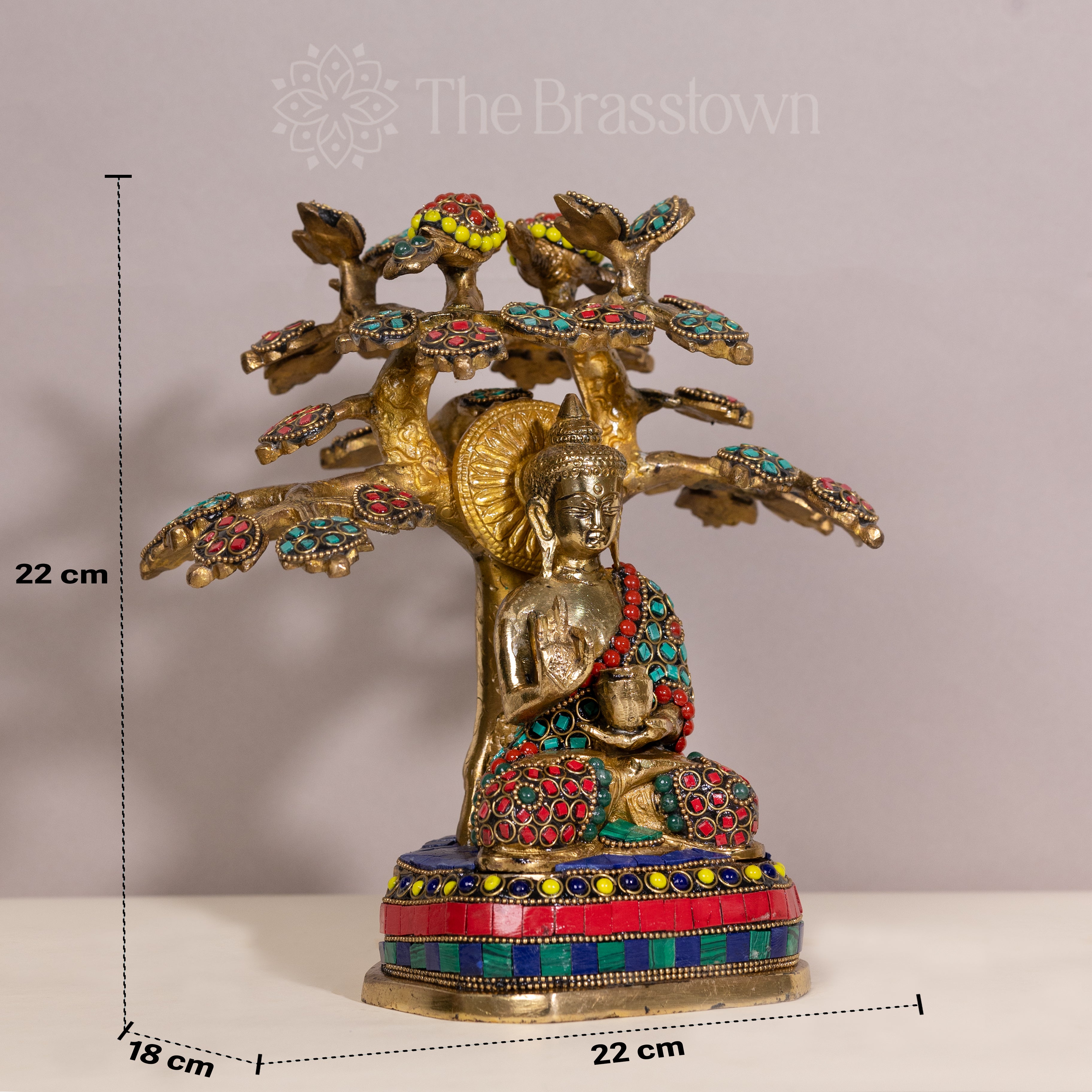 Brass Buddha Statue with Bodhi Tree – Handcrafted Enlightenment Decor