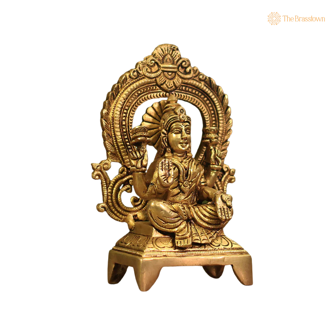 Handcrafted Brass Laxmi Idol 6.5 Inch closeup – intricate craftsmanship