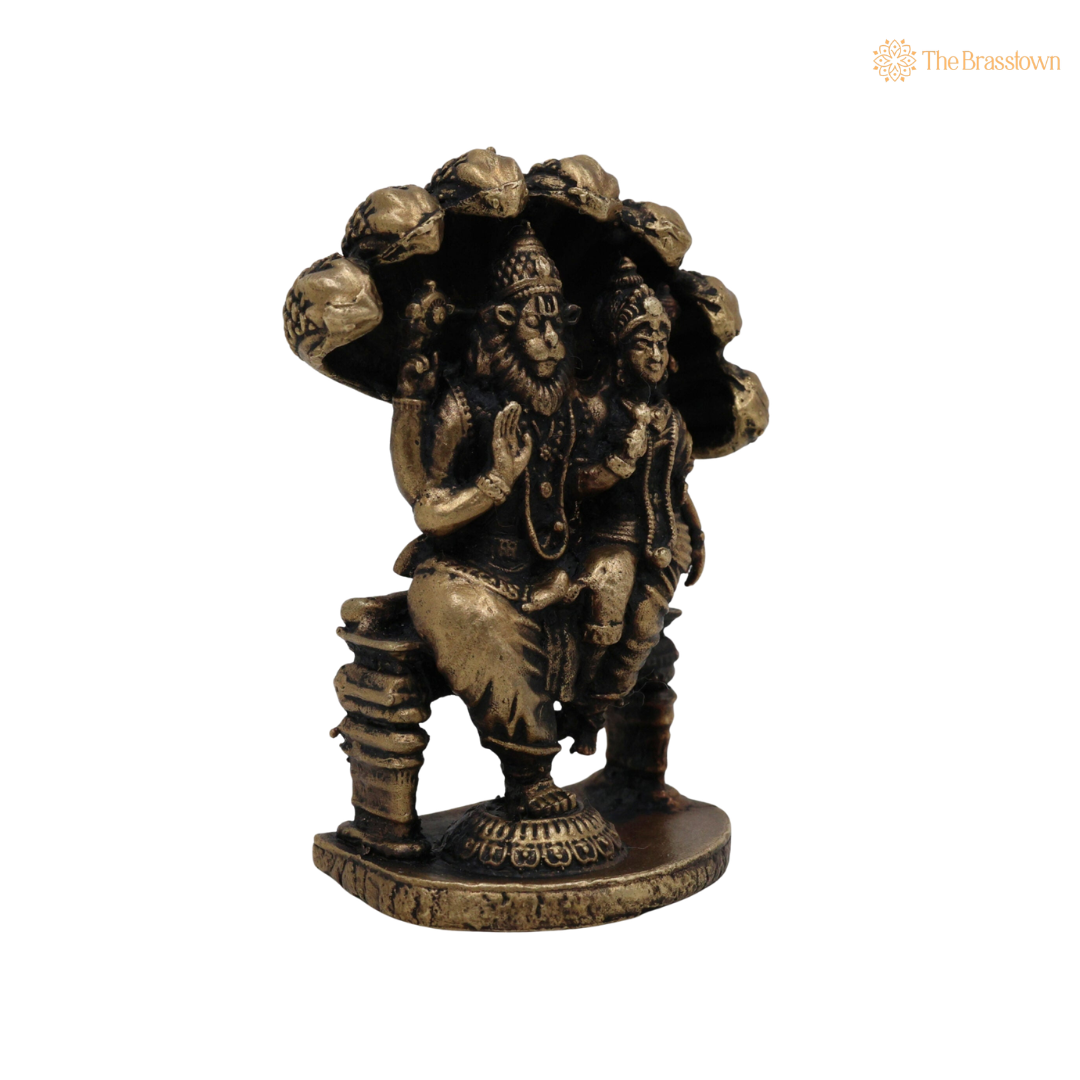 Brass Lakshmi Narasimha Idol with Naag – Laxmi Narasimha Murti, Peetal Narasimha Vigraham for Puja, Home Mandir &amp; Spiritual Décor with 2.5 Inch