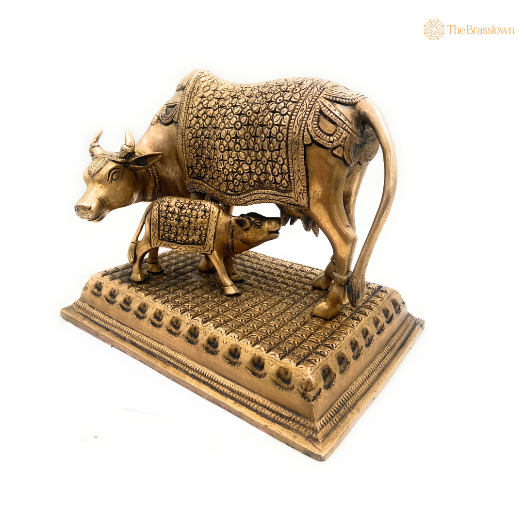 Elegant Brass Cow and Calf Statue 9  Inch