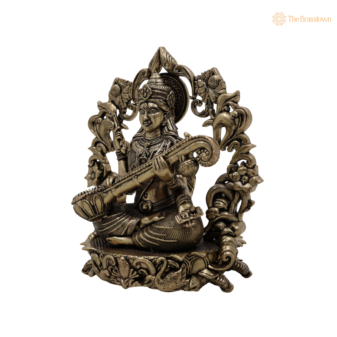 Handcrafted Brass Saraswati Mata Idol 4.5 Inch closeup – intricate craftsmanship