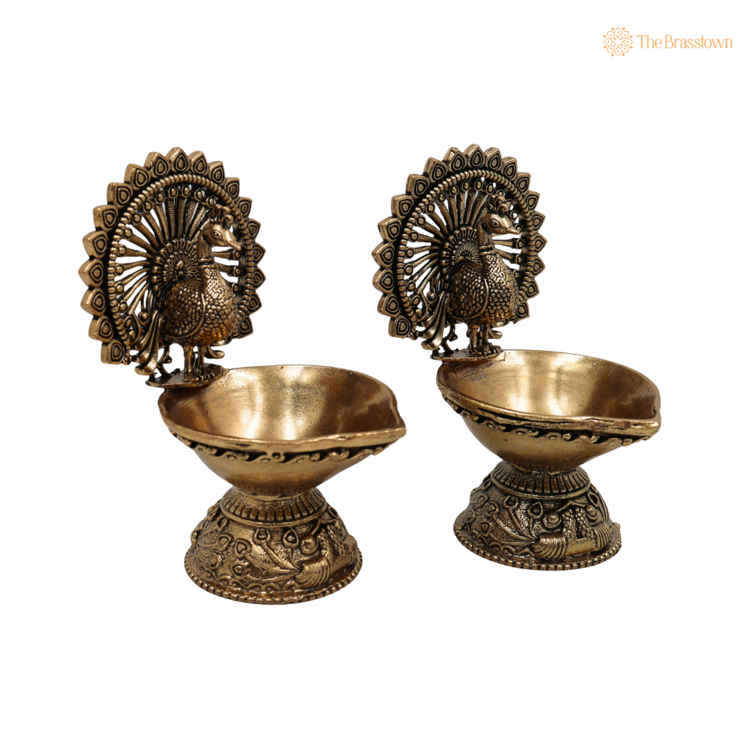 Brass Superfine Designer Peacock Diya 4 Inch closeup – intricate craftsmanship