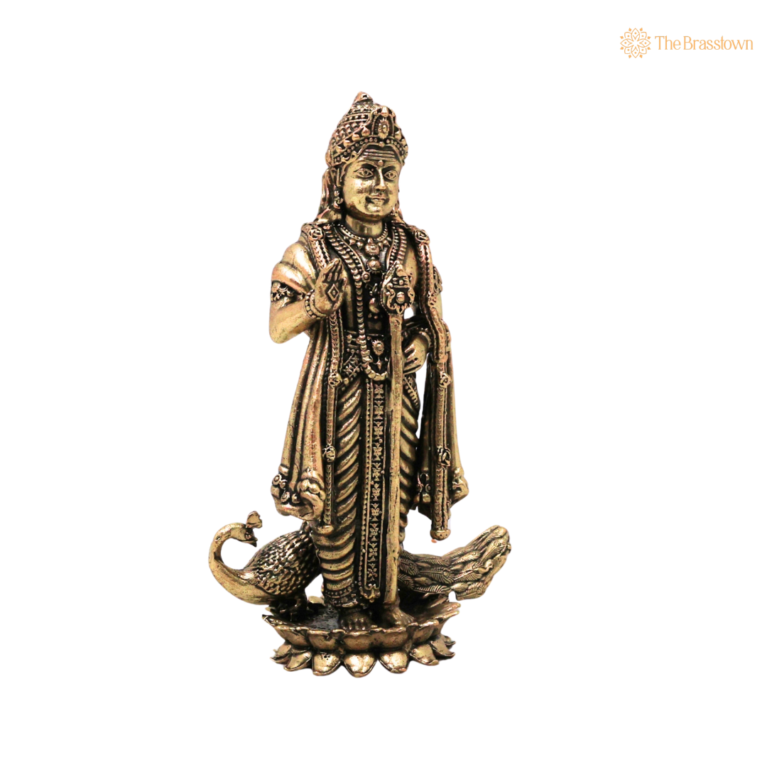 Brass Murugan Idol with Peacock 4.5 Inch closeup – intricate craftsmanship