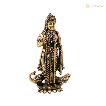Brass Murugan Idol with Peacock 4.5 Inch closeup – intricate craftsmanship