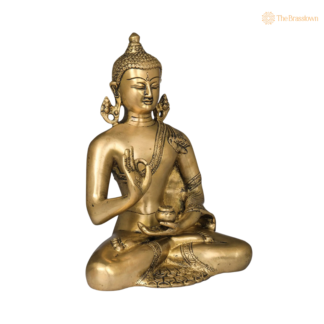Handcrafted Brass Earth-Touching Buddha Statue 9 Inch closeup – intricate craftsmanship