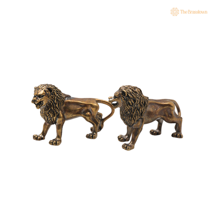 Handcrafted Brass Lion Set of 2 Simha Sculpture - Traditional Handcrafted Vastu Pooja Home Decor Gift Statue 2 Inch