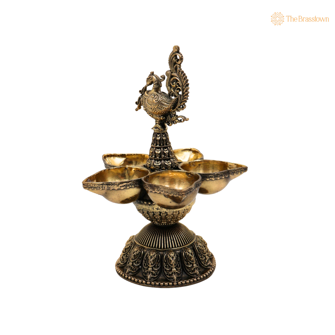 Traditional Peacock Deepam Diya – Mayur Design Oil Lamp (Peetal Deepak) for Puja, Aarti &amp; Home Mandir Décor 6.5 Inch