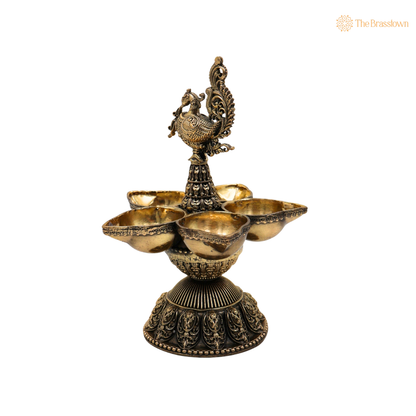 Traditional Peacock Deepam Diya – Mayur Design Oil Lamp (Peetal Deepak) for Puja, Aarti &amp; Home Mandir Décor 6.5 Inch