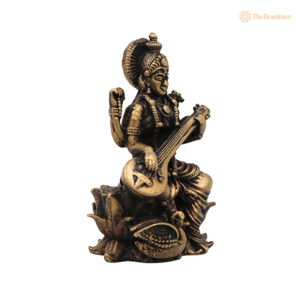 Brass Saraswati Mata Idol 3 Inch closeup – intricate craftsmanship