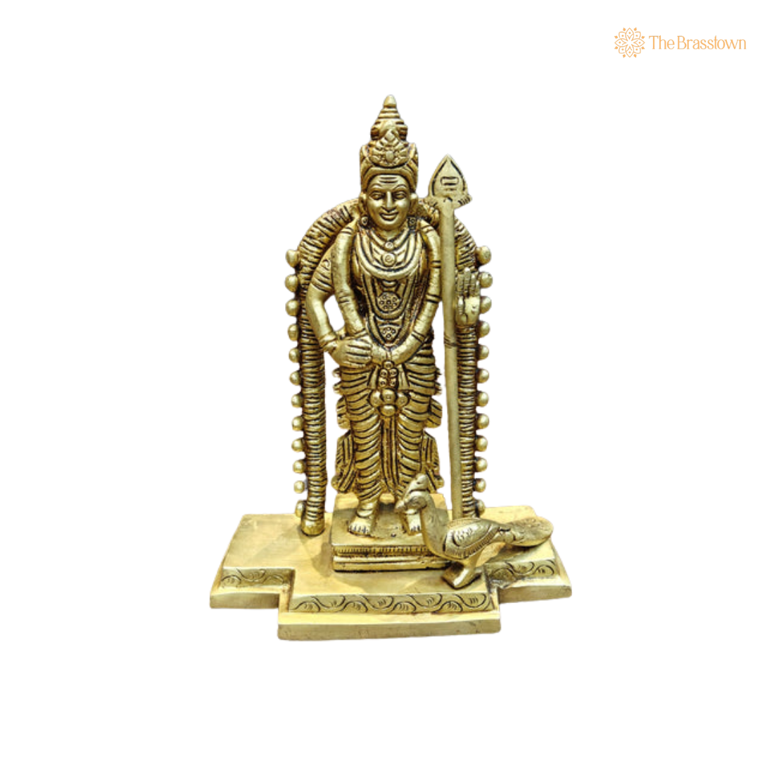 Brass Small Murugan Swamy Kartikeya 7.5 Inch closeup – intricate craftsmanship