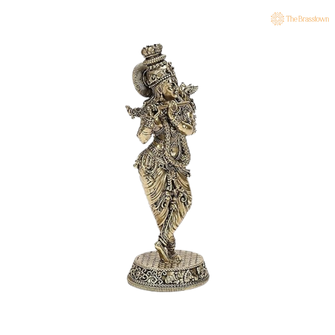 Brass Krishna Idol with Peacock 5.5 Inch closeup – intricate craftsmanship