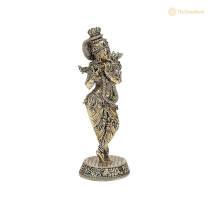 Brass Krishna Idol with Peacock 5.5 Inch closeup – intricate craftsmanship