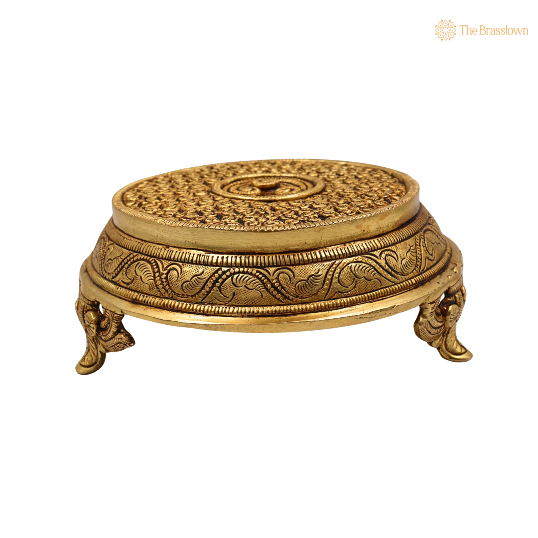 Handcrafted Brass Round Pooja Chowki Bajot – Circular Idol Display Stand for Home Mandir &amp; Puja Setup 3 Inch