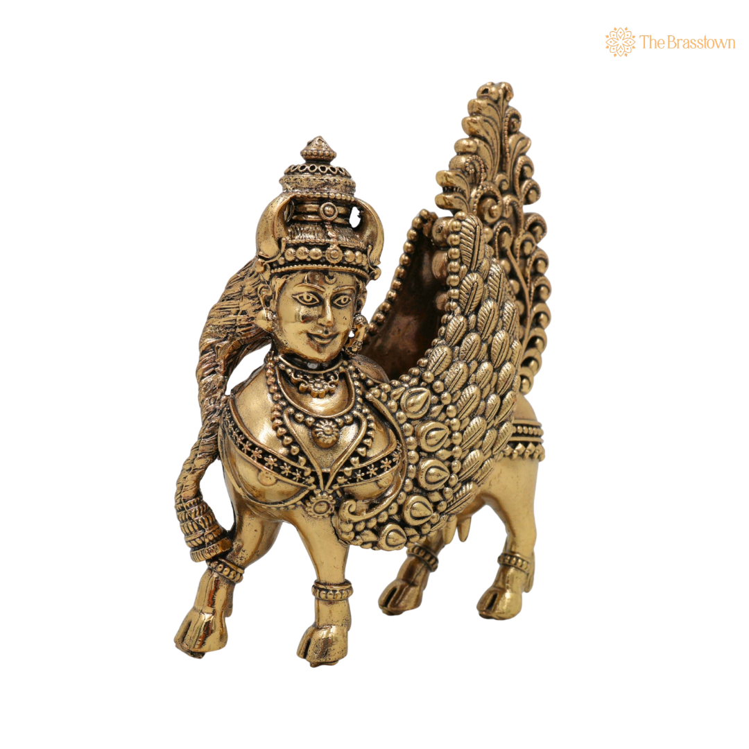 Brass Kamadhenu Cow Idol 4.5 Inch closeup – intricate craftsmanship