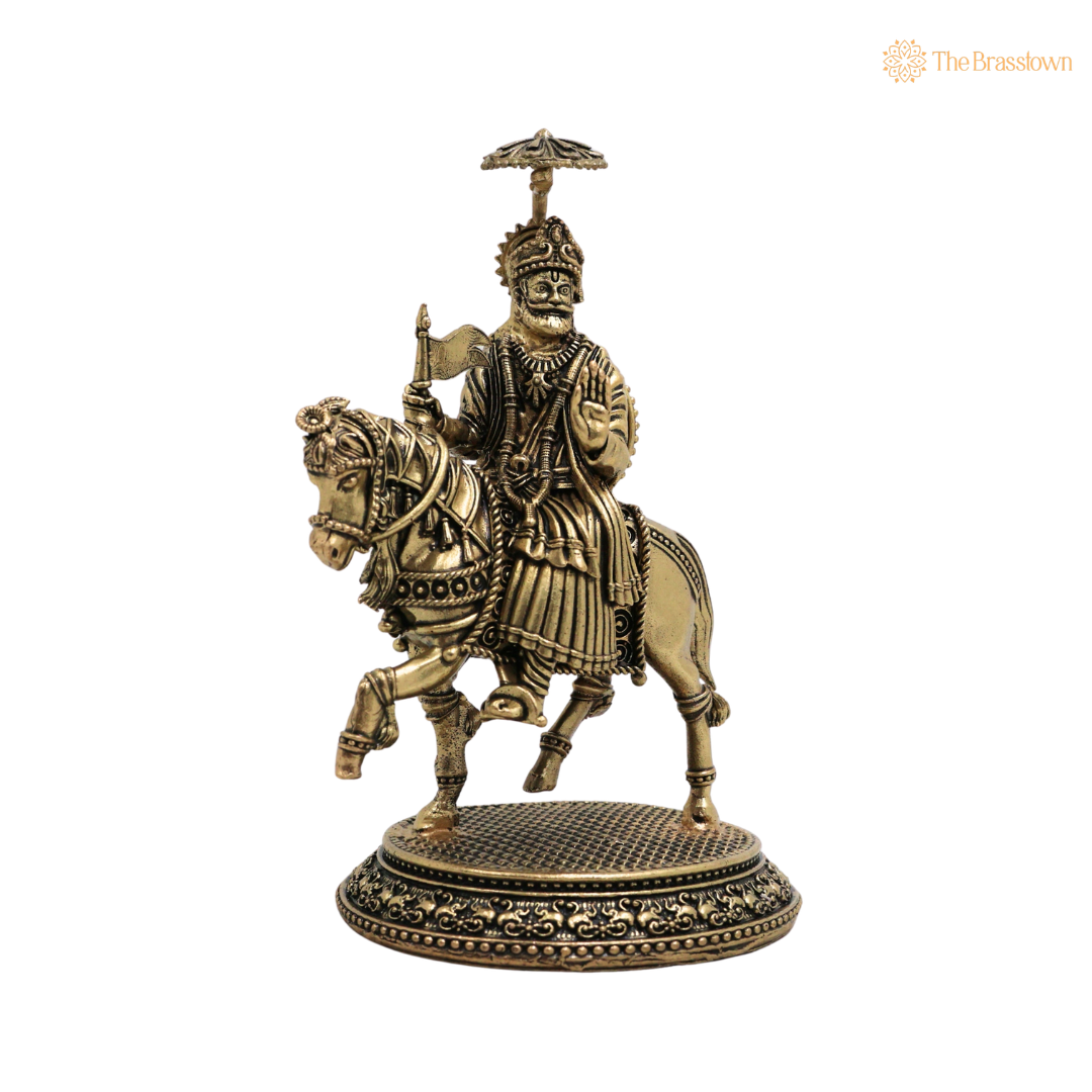 Brass Shivaji Maharaj Idol on Horse – Chhatrapati Shivaji Murti, Raje Shivaji Bhonsle Statue for Home Décor, Office &amp; Gifting 5 Inch