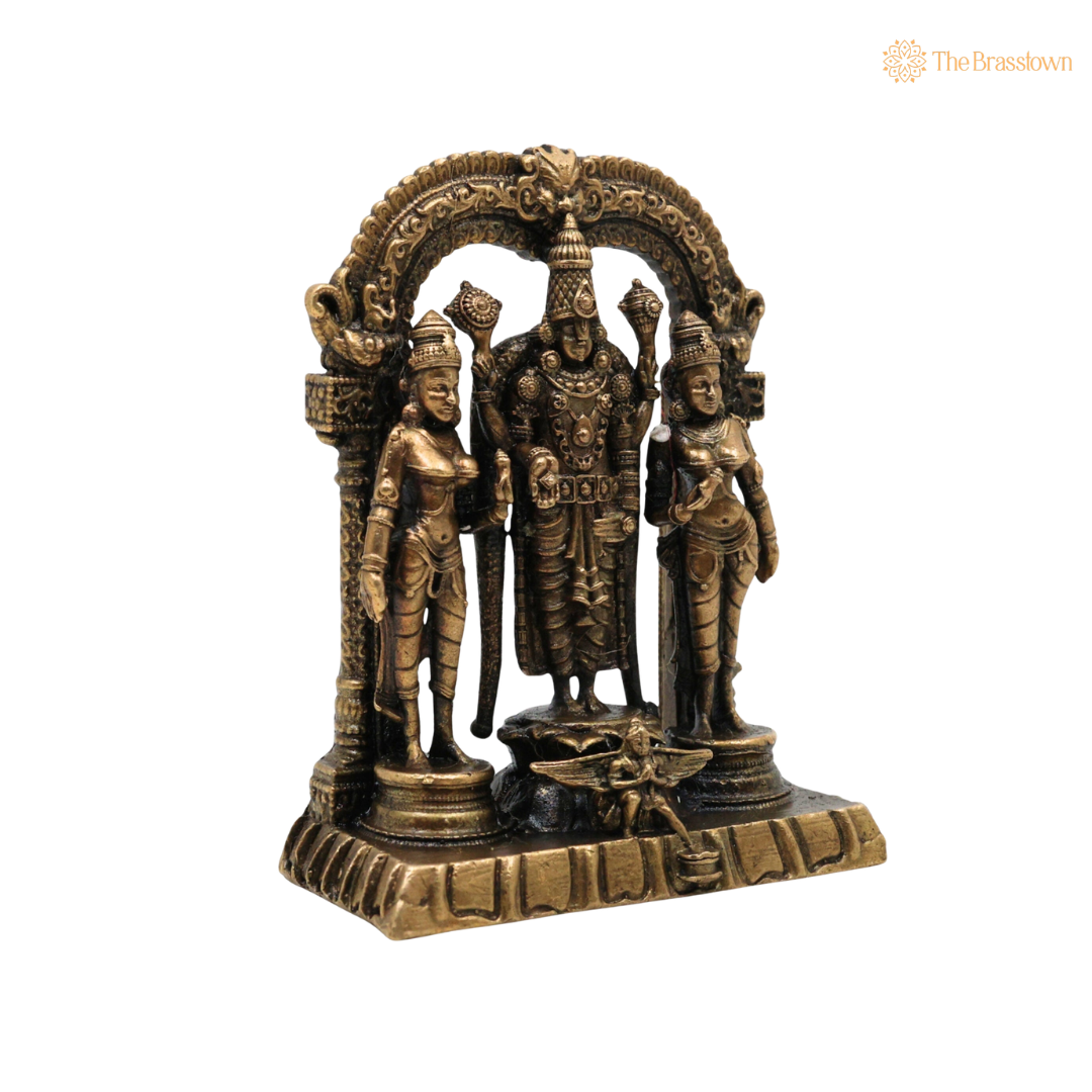 Brass Vishnu Sridevi Bhudevi Idol – Lord Narayana Murti with Sri Lakshmi &amp; Bhudevi for Puja, Home Mandir &amp; Spiritual Décor 3 Inch