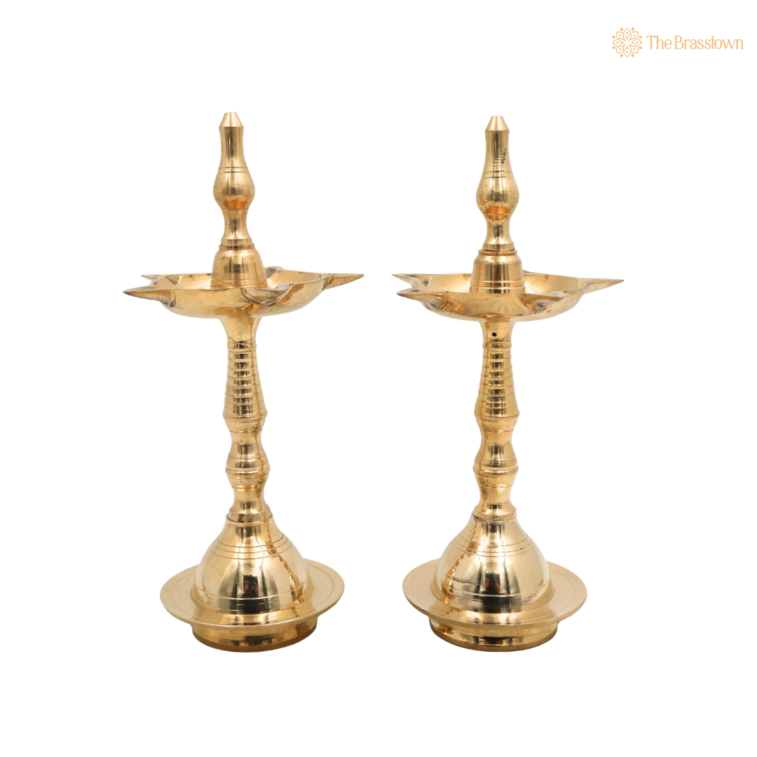 Handcrafted Brass Deepam Diya – Traditional Kuthu Vilakku Samai, Nilavilakku Oil Lamp for Puja, Aarti &amp; Temple Décor 10 Inch (set of 2)