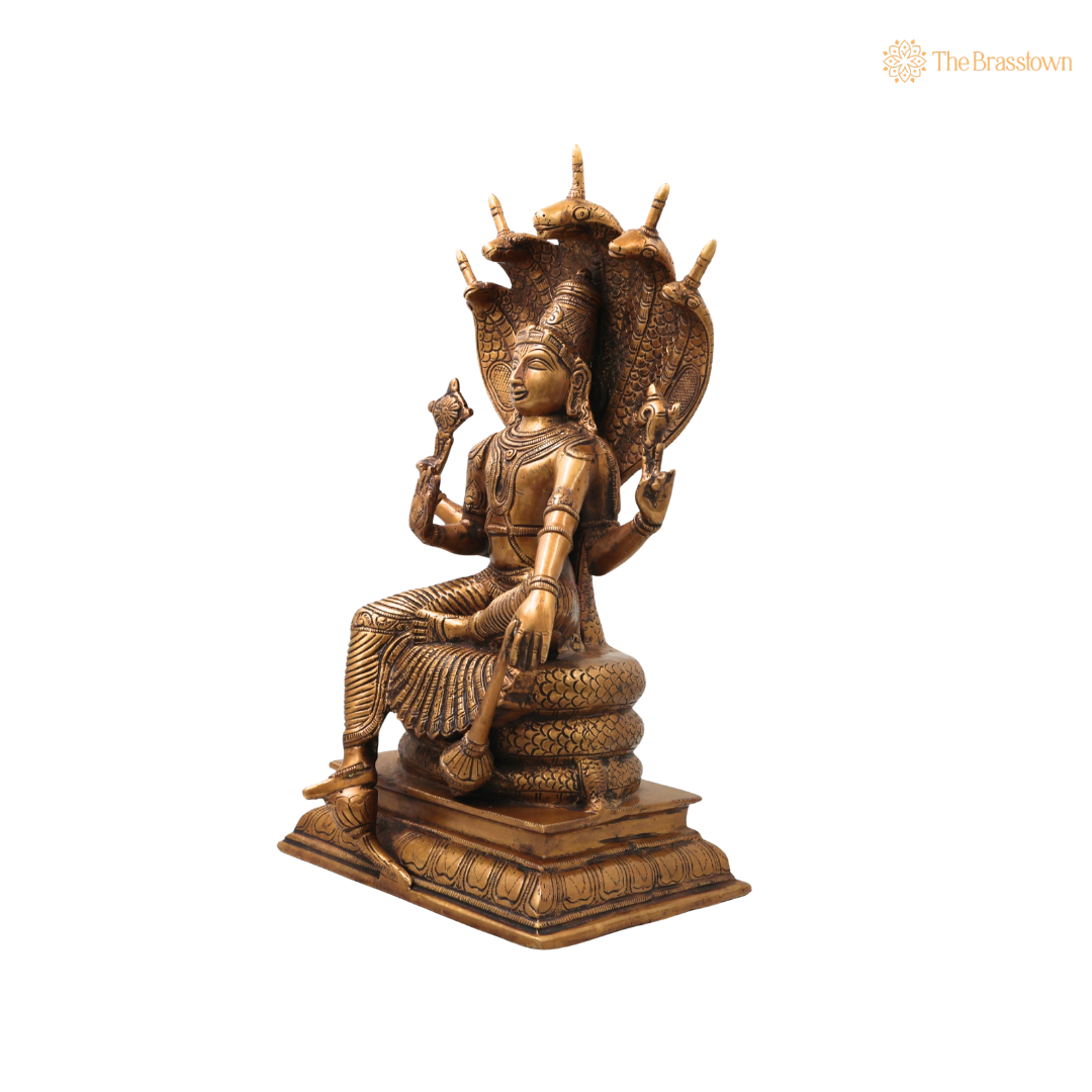 Brass Vishnu on Sheshnag Idol – Traditional Chola Perumal Lord Narayana Murti (Hari) for Puja, Home Mandir &amp; Spiritual Décor 16.5 Inch