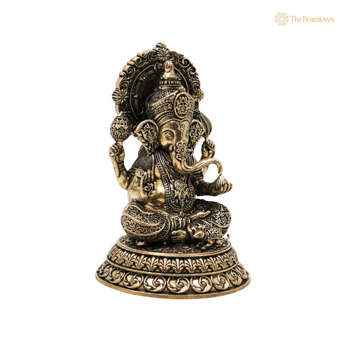 Brass Ganesha Idol 5.5 Inch closeup – intricate craftsmanship