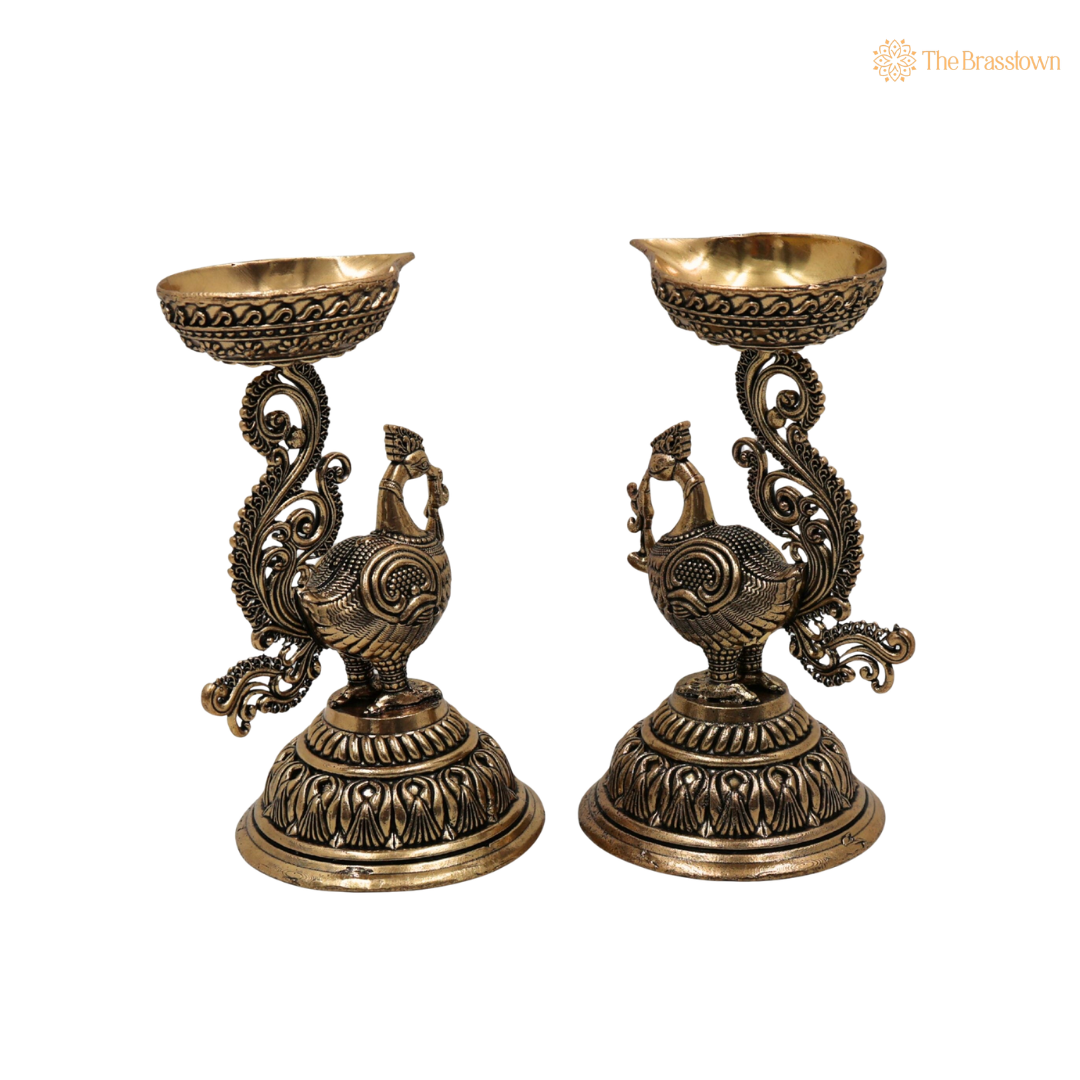 Brass Traditional Peacock Deepam Diya – Mayur Design Oil Lamp for Puja, Aarti &amp; Home Mandir Décor 4.5 Inch (set of 2 )