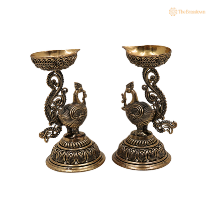 Brass Traditional Peacock Deepam Diya – Mayur Design Oil Lamp for Puja, Aarti &amp; Home Mandir Décor 4.5 Inch (set of 2 )