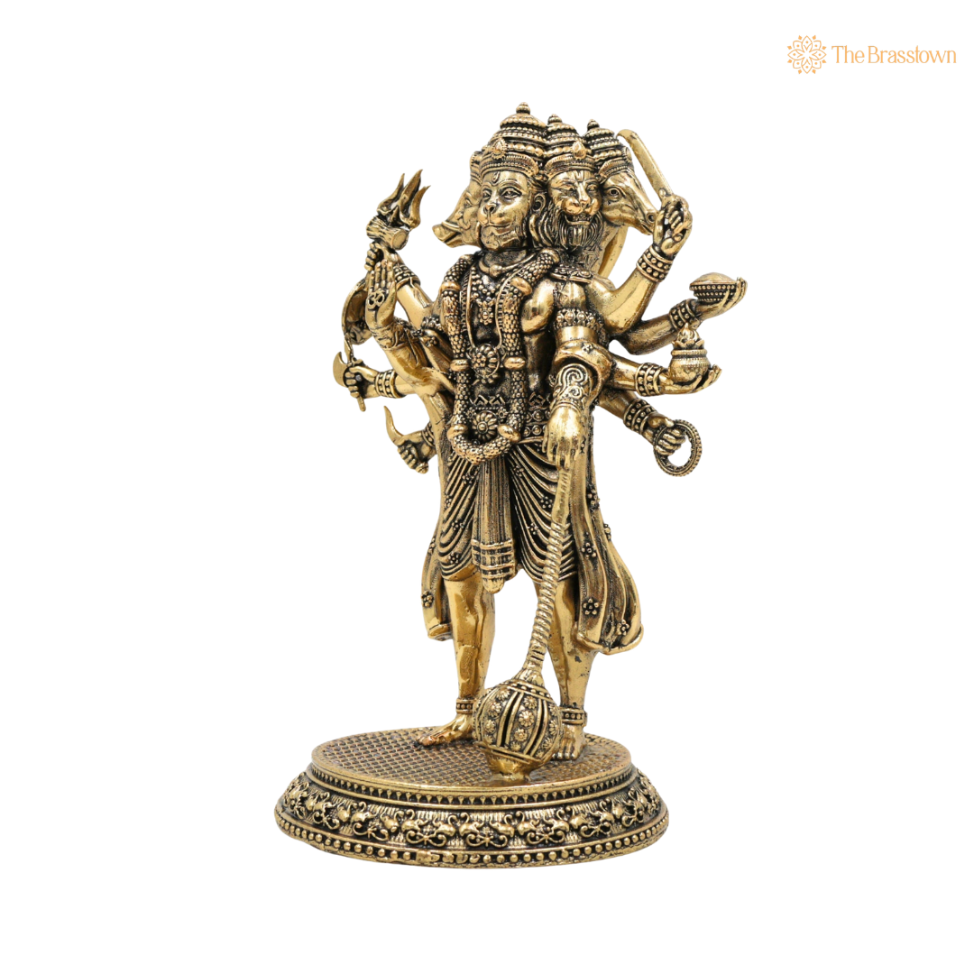 Brass Panchmukhi Hanuman Idol 6.5 Inch closeup – intricate craftsmanship