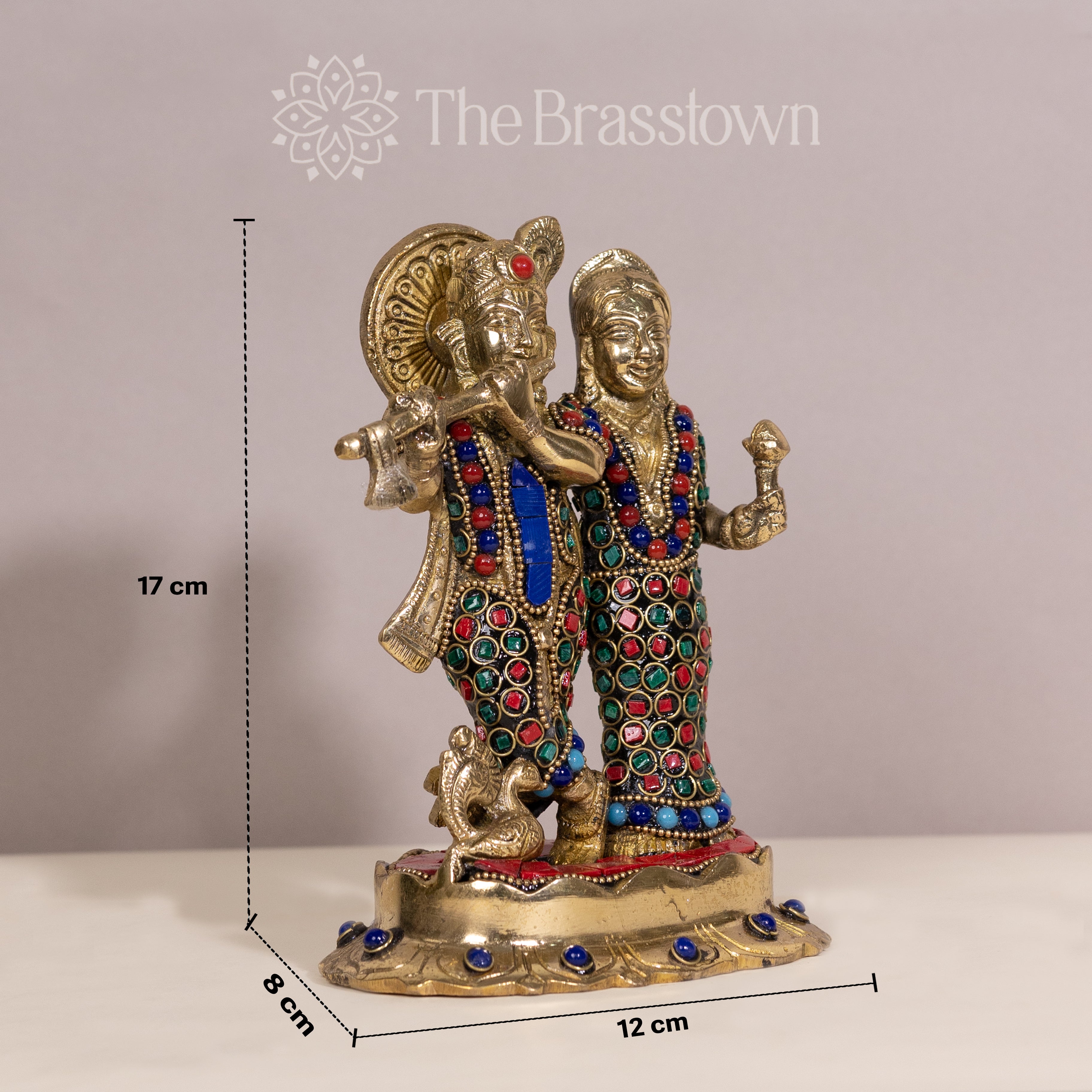 Brass Radha Krishna Statue with Multi Colorful Stones