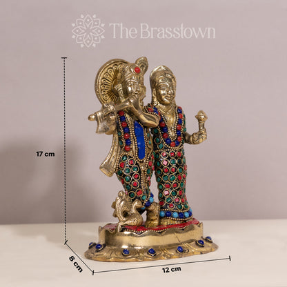 Brass Radha Krishna Statue with Multi Colorful Stones