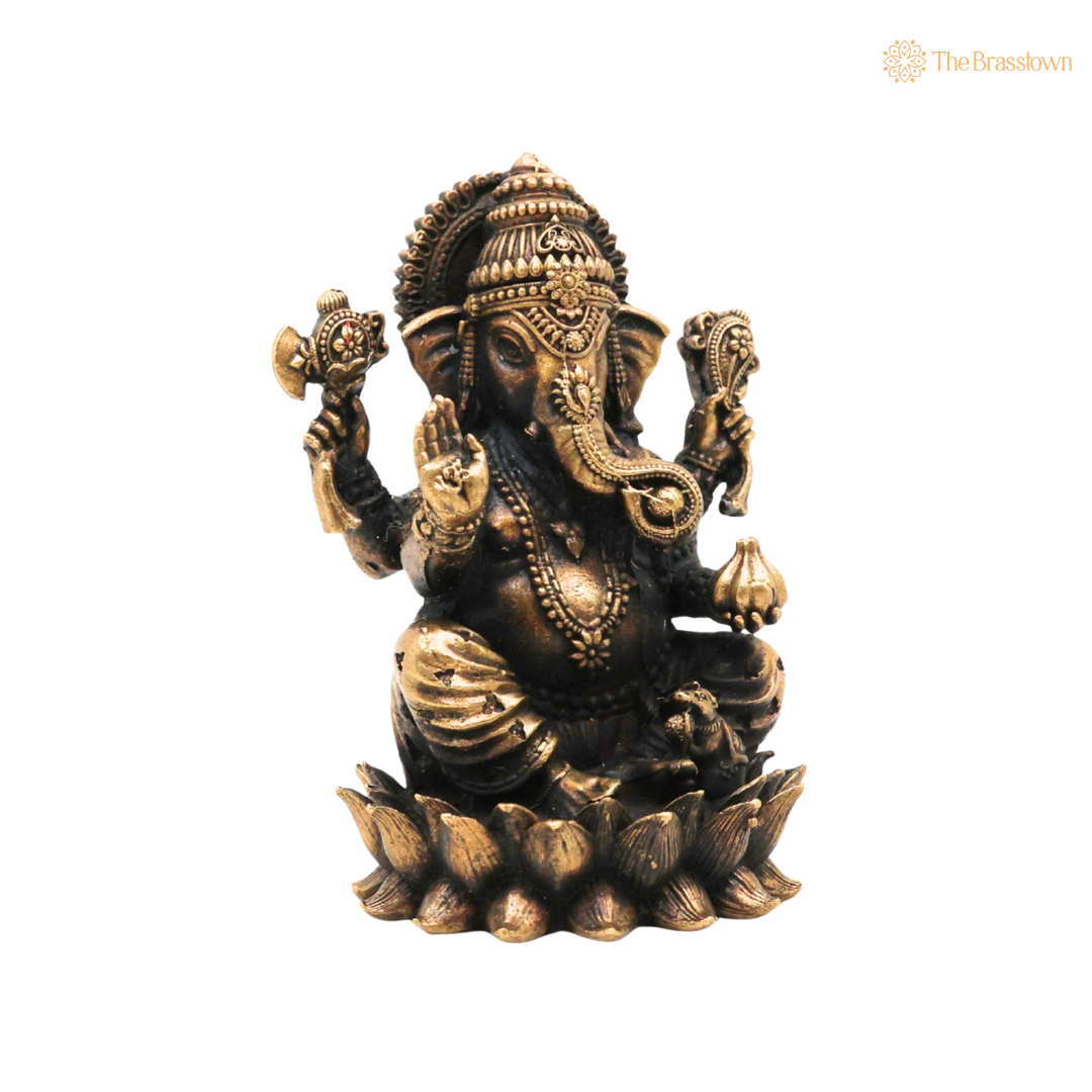 Handcrafted Brass Ganpati Bappa Idol 3 Inch closeup – intricate craftsmanship