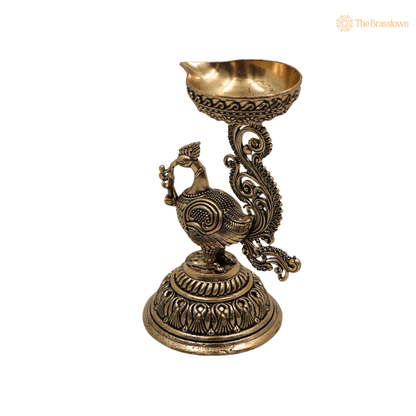Brass Traditional Peacock Deepam Diya – Mayur Design Oil Lamp for Puja, Aarti &amp; Home Mandir Décor 4.5 Inch