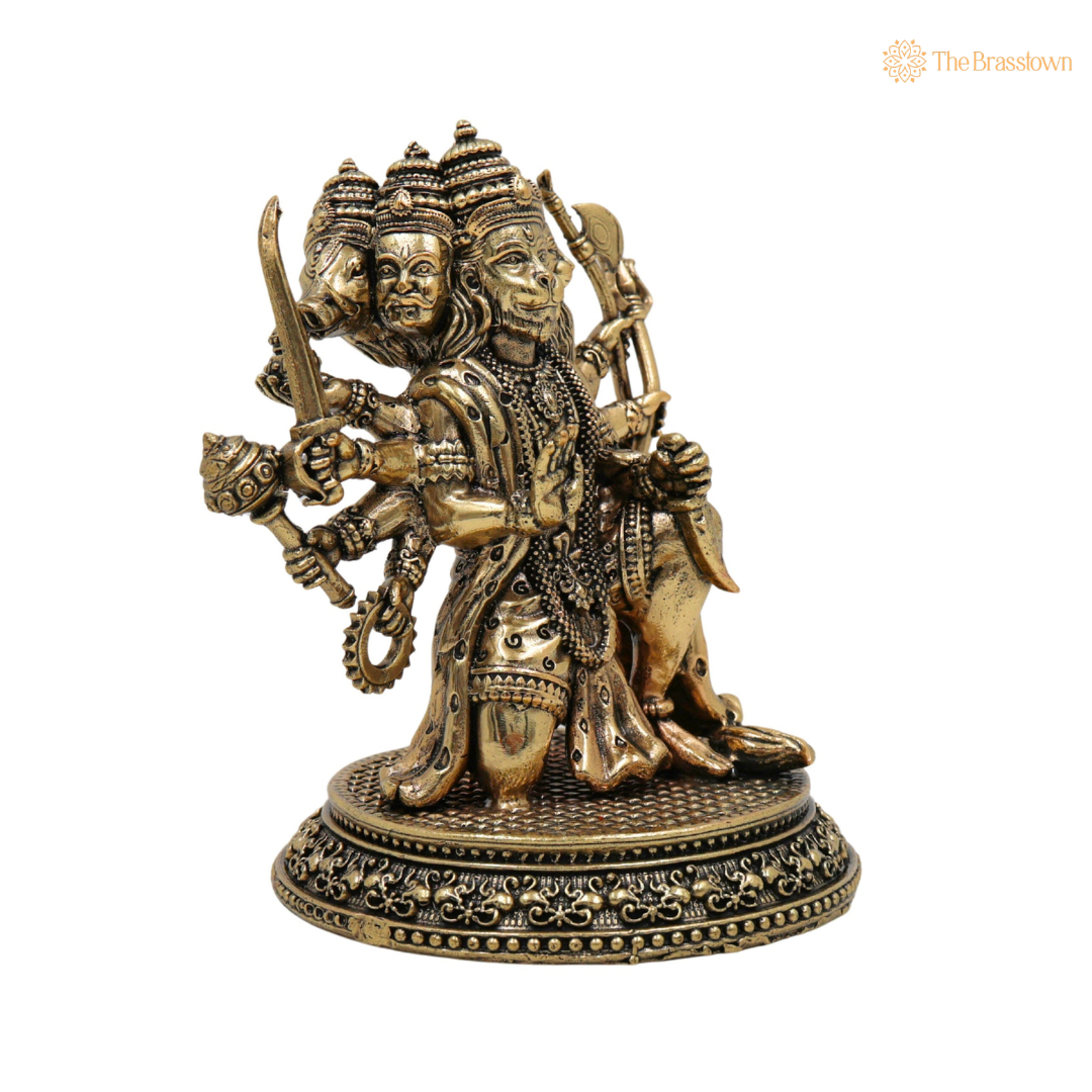 Brass Panchmukhi Sitiing Hanuman Idol 4.5 Inch closeup – intricate craftsmanship