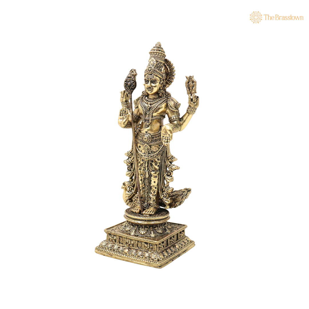Brass Handcrafted Chola Murugan Idol with Vel – Lord Subramanya Kartikeya Statue for Pooja, Home Mandir, Spiritual Décor &amp; Gifting 8 Inch