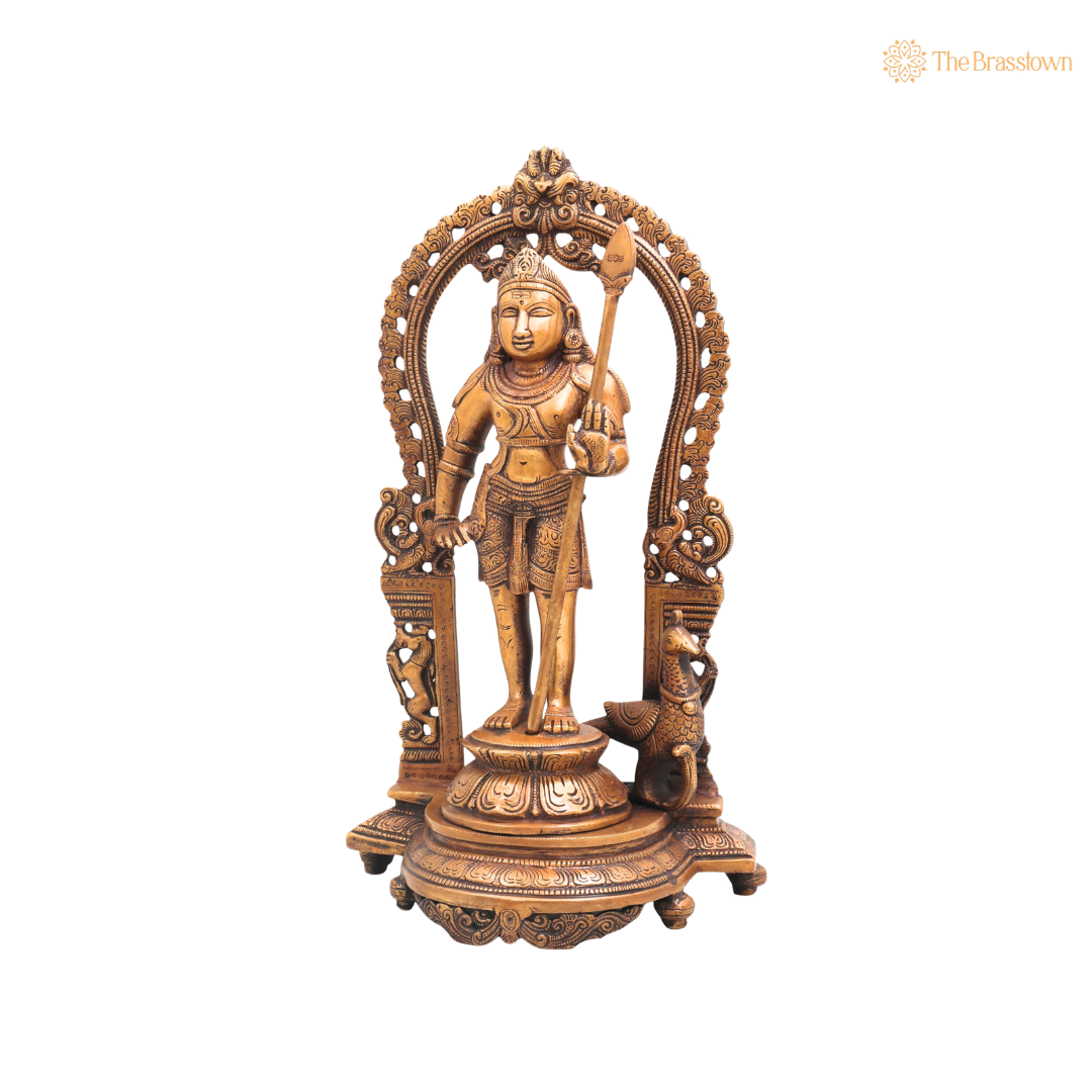 Brass Subramanya Murugan Idol – Fine Golden Finish for Puja &amp; Home Mandir 15 Inch