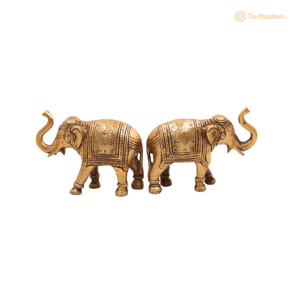 Handcrafted Brass Elephant Idol – Gaja Murti, Hasti, Airavata, Gajanan Decorative Hathi Statue for Home, Temple, Vastu, Feng Shui &amp; Spiritual Gifting (Set of 2) 3.5 Inch