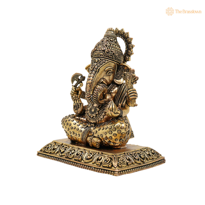 Handcrafted Brass Sitting Ganpati Bappa 6 Inch closeup – intricate craftsmanship
