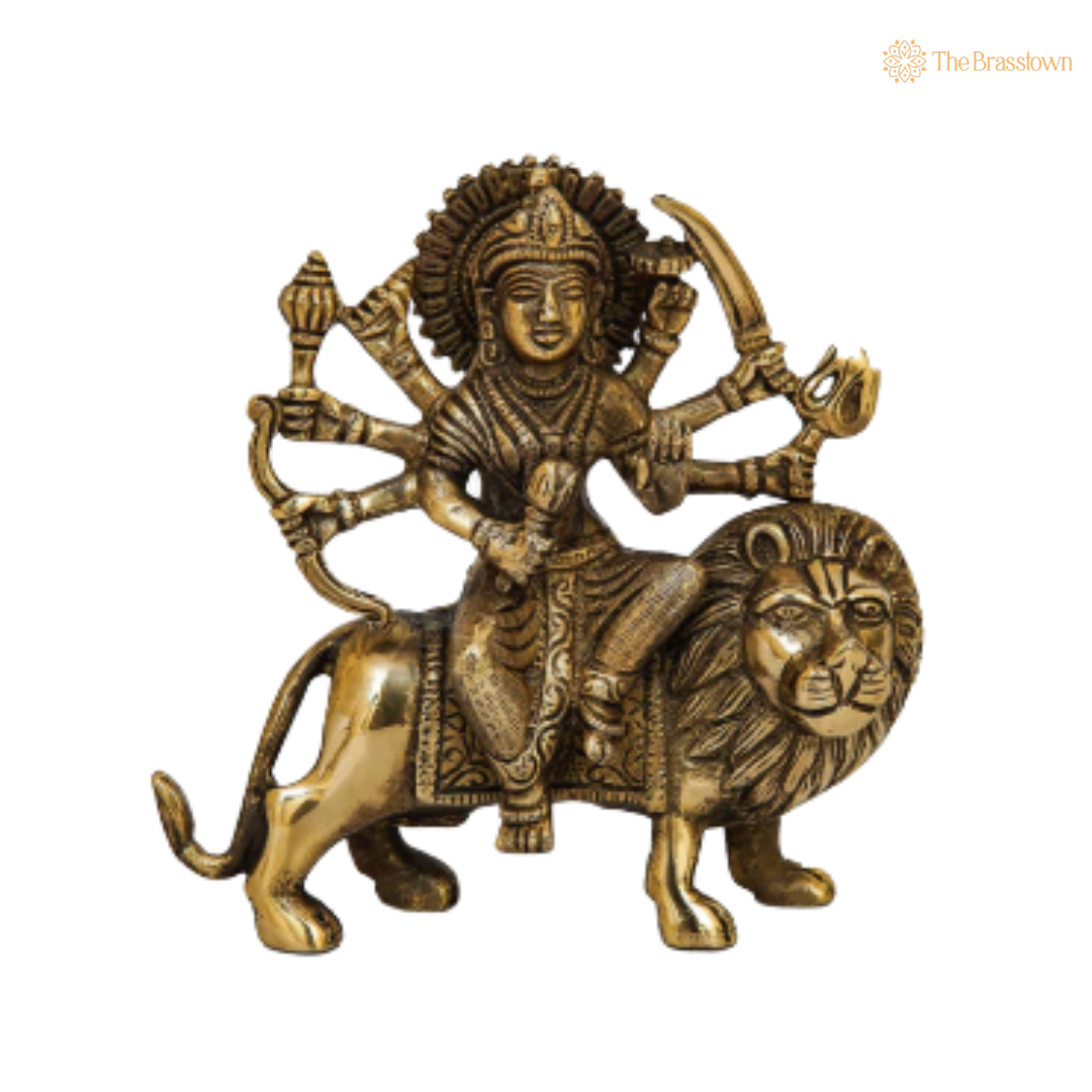 Brass Durga Maa Sherawali Idol 5.5 Inch closeup – intricate craftsmanship