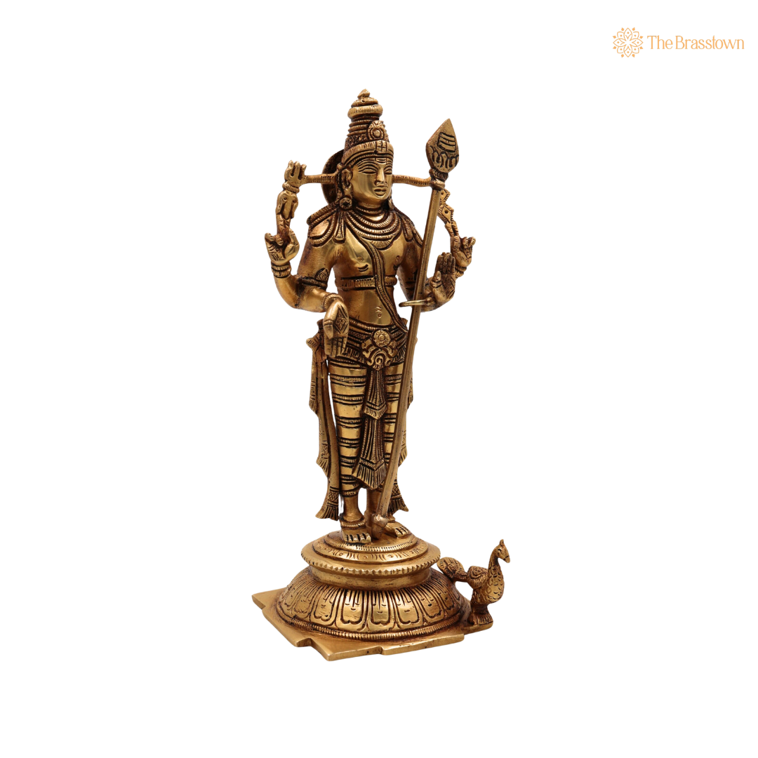 Brass Lord Murugan Idol – Kartikeya / Skanda / Subramanya Statue for Home Temple &amp; Puja 11 Inch