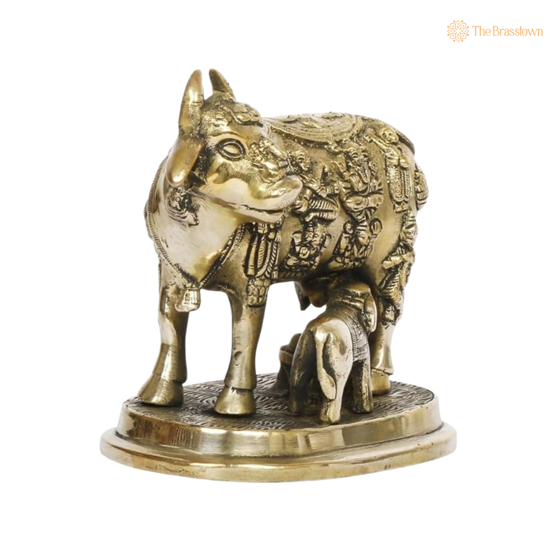 Handcrafted Brass Kamdhenu Cow with 5 Inch closeup – intricate craftsmanship