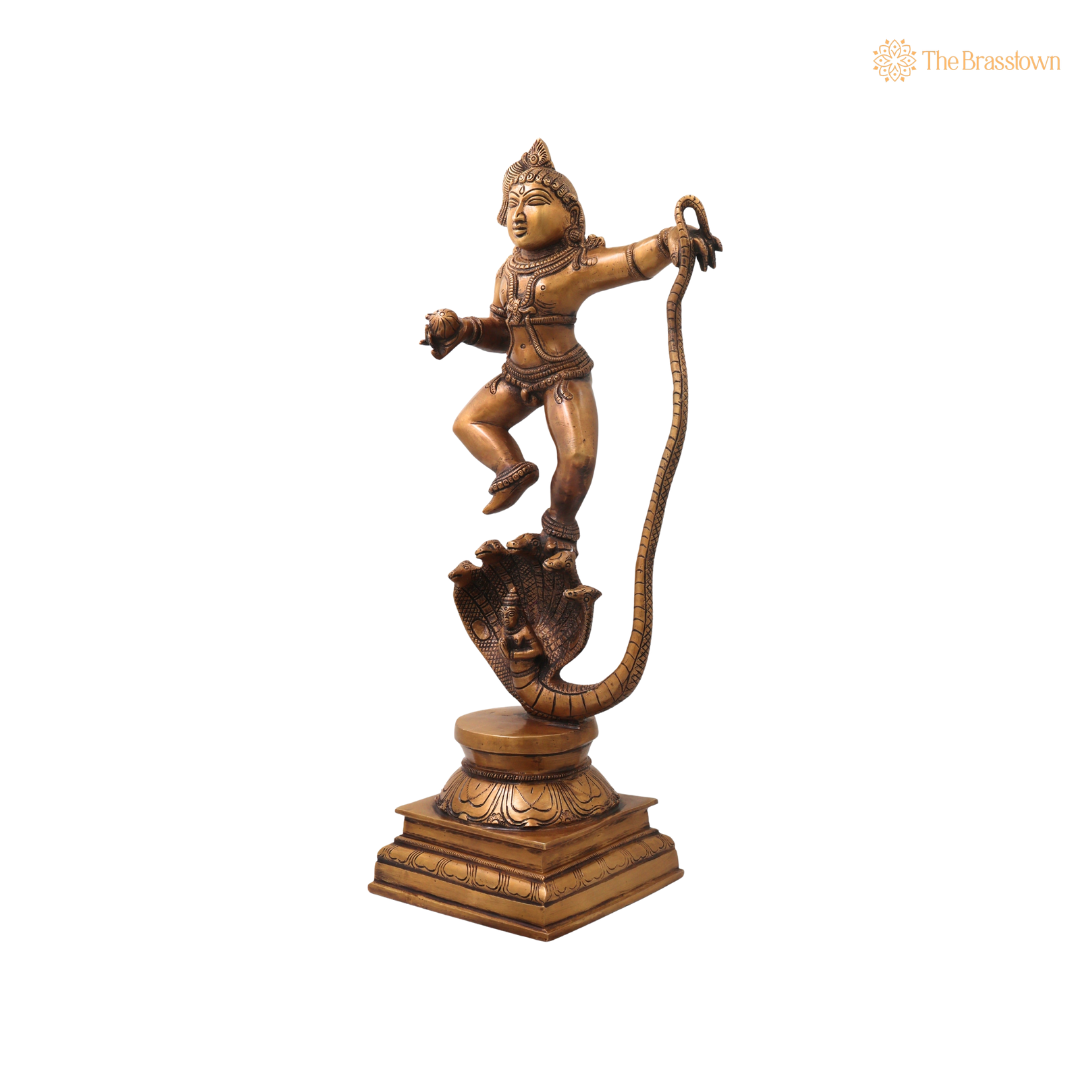 Brass Kaliya Daman Bala Krishna Idol – Handcrafted Chola Style Kaliya Daman Govinda Murti for Pooja, Home Mandir, Décor &amp; Spiritual Gifting 19 Inch