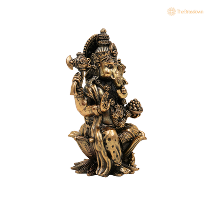 Handcrafted Brass Ganpati Bappa Idol 4 Inch closeup – intricate craftsmanship