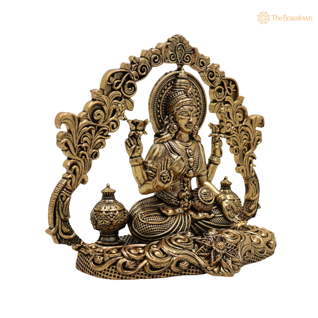 Brass Sitting Mahalakshmi Idol 3.5 Inch side view – antique finish detail
