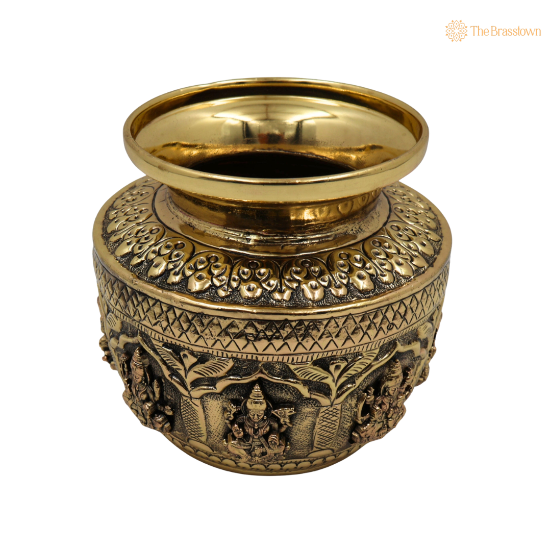Brass Asta Lakshmi Kalash Lota – Handcrafted Peetal Pooja Kalash for Prosperity, Wealth &amp; Home Temple Décor 4.5 Inch