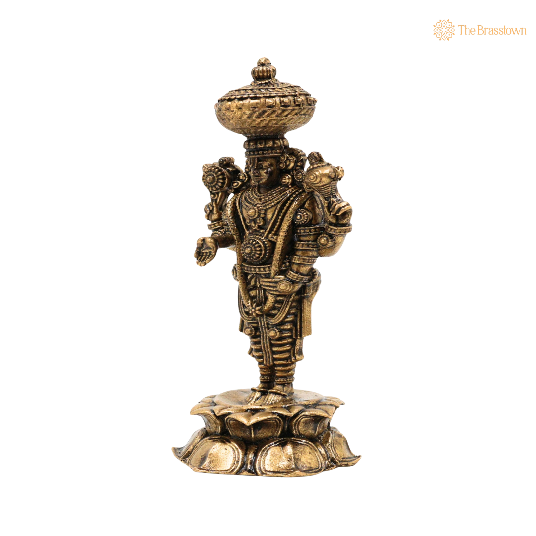 Brass Venkateshvara Idol on Lotus 3 Inch closeup – intricate craftsmanship